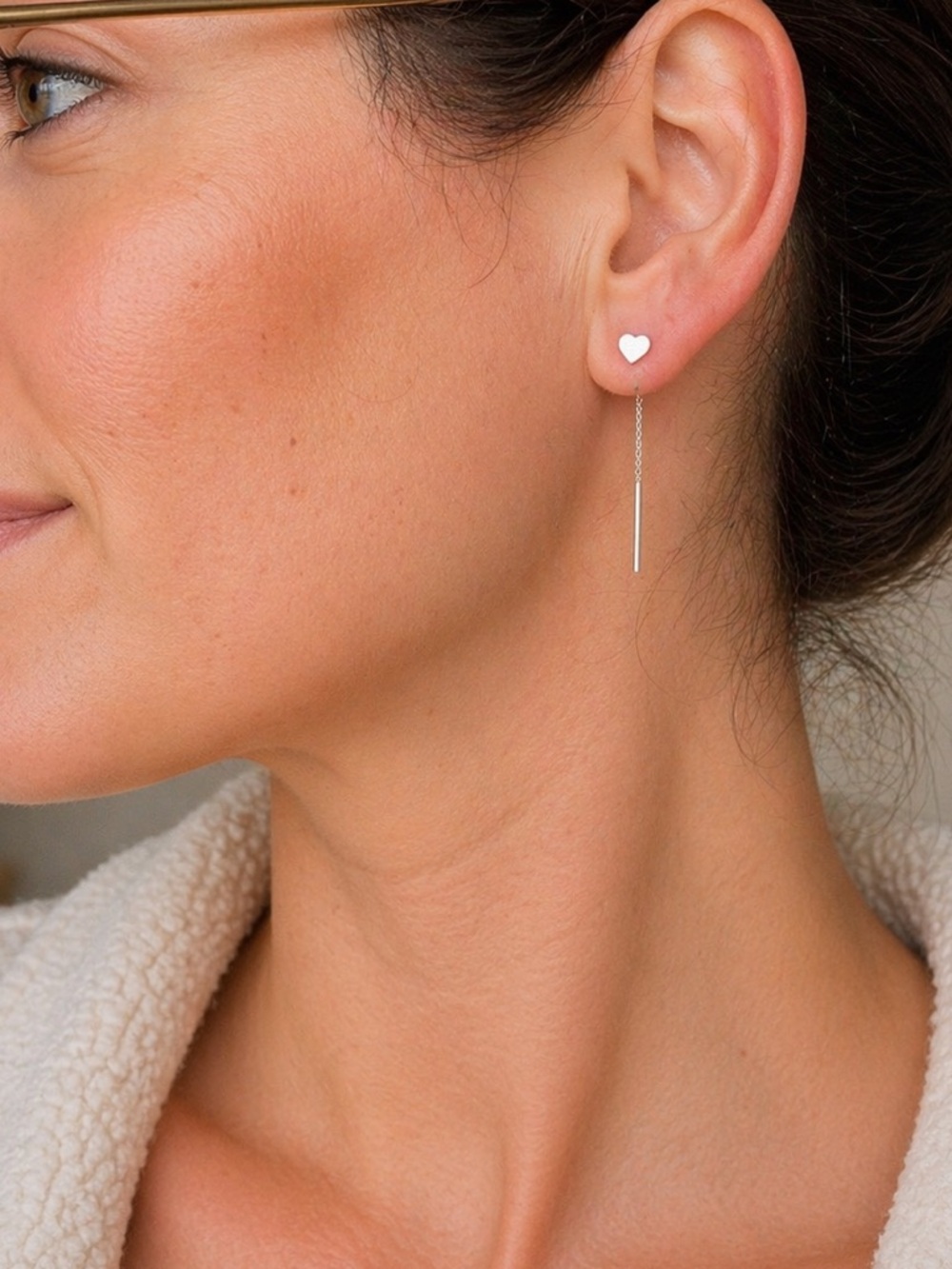Dainty Heart Threader Earrings – Minimalist Silver .925 Silver